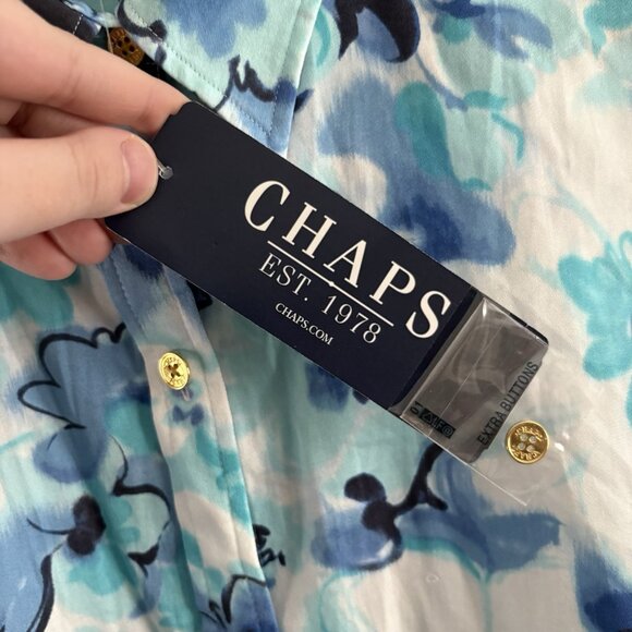 Chaps At the Seashore Womn L White/Blue Floral 3/4 Sleeve Gold Button Blouse NWT - Picture 9 of 11